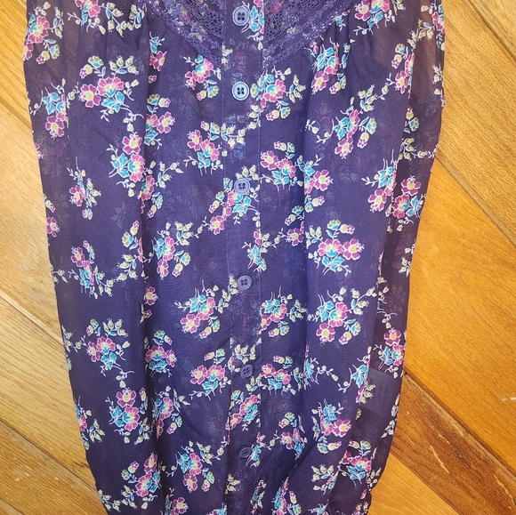 Kina purple floral sheer extra small lace top button down blouson tank top - Picture 6 of 10